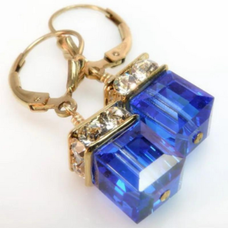Crystal Cube Drop Earrings Blue Sapphire