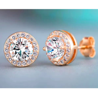 Cubic Zirconia Round Halo Stud Earring Rose Gold