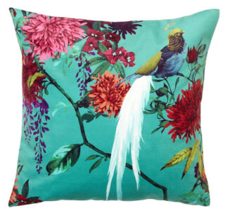 Chintz Velvet Cushion with Bird - Teal