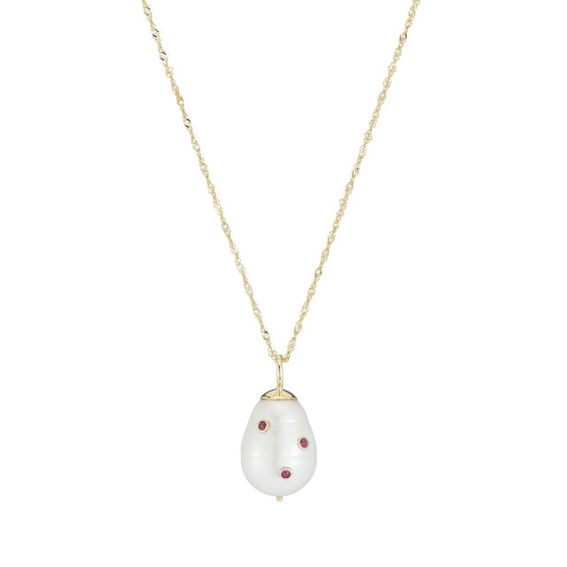 BAROQUE PEARL DROP 14-carat gold and ruby necklace