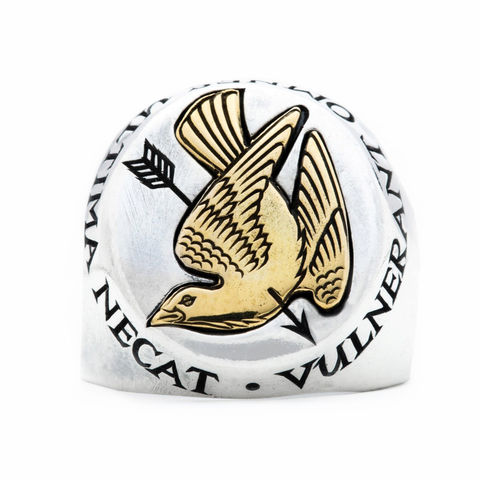 EVERY ARROW KILLS oxidised sterling silver signet ring with 14-carat gold inlay