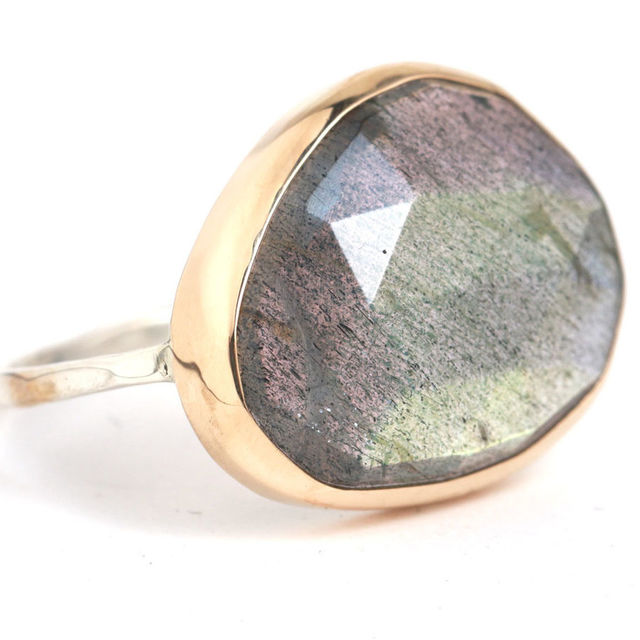 LIMITED EDITION LARGE LABRADORITE 14-carat gold and sterling silver bezel set ring