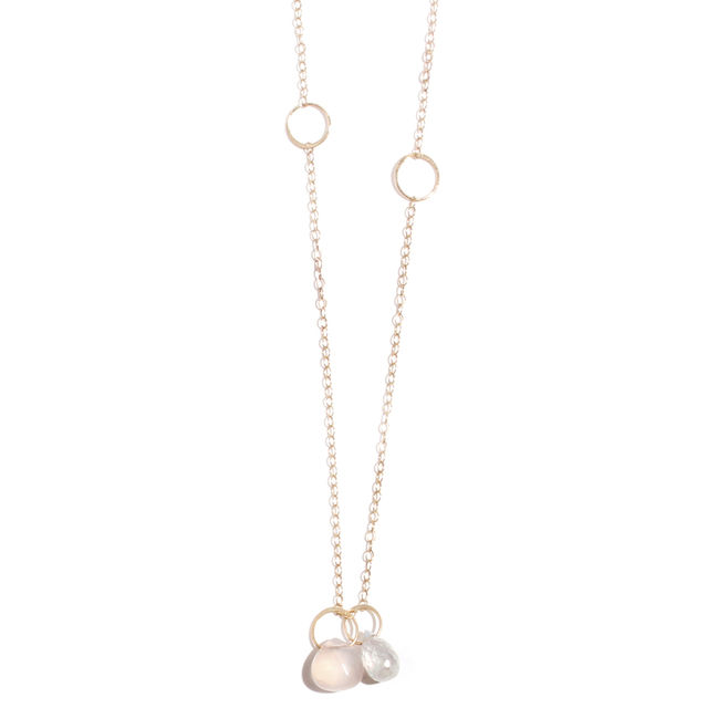 TWO DROP rainbow moonstone and pink chalcedony 14-carat gold necklace