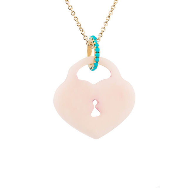 HEART PADLOCK pink opal, turquoise and 14-carat gold necklace