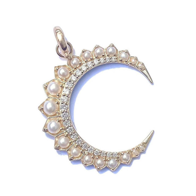 ESTELLE 14-carat gold, diamond and pearl crescent moon charm