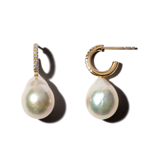DIAMOND AND BAROQUE PEARL 14-carat gold hoop earrings