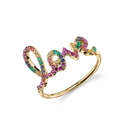 PAVE RAINBOW LARGE LOVE SCRIPT 14-carat gold ring