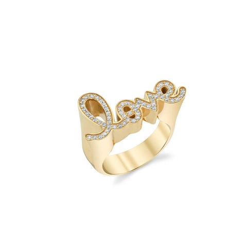 DIAMOND LOVE SCRIPT 14-carat gold block signet ring