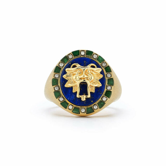 LOTTIE LION 14-carat gold, diamond, emerald and lapis ring