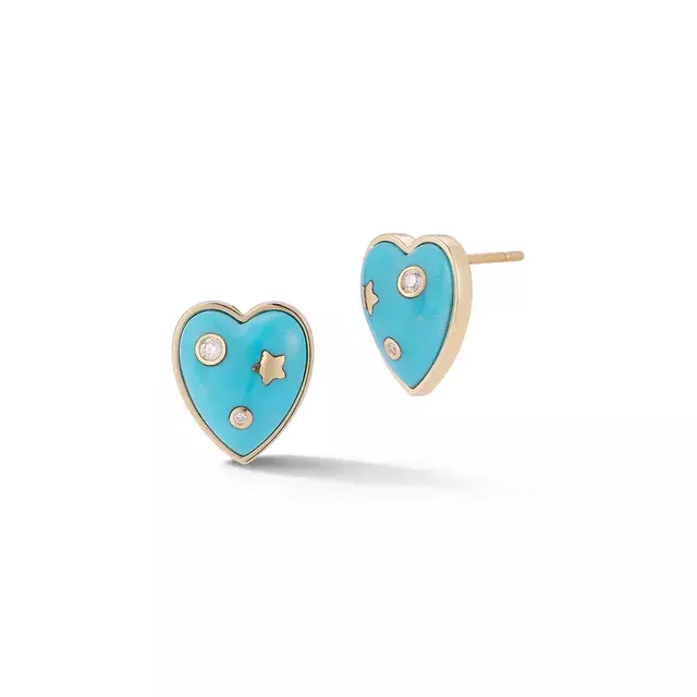ANNE 14-carat gold, turquoise and diamond heart stud earrings