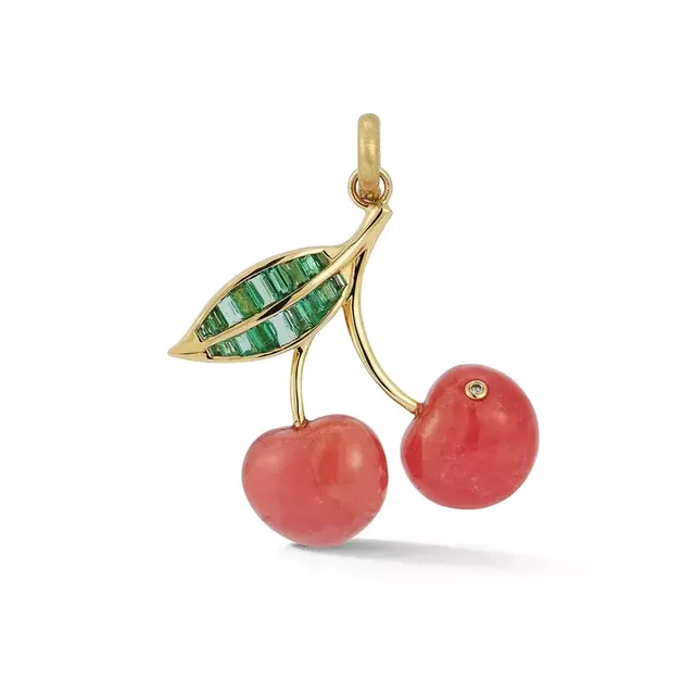 SWEET CHERRY 14-carat gold, rhodochrosite and emerald charm