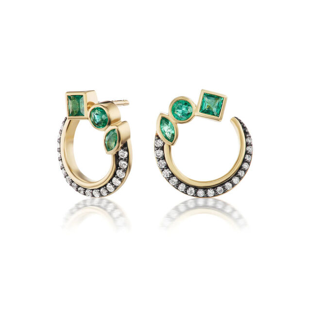 MINI BEZEL CRESCENTS 16 - carat gold, diamond and emerald earrings
