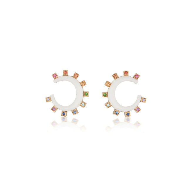 MONROE MINI CRESCENT 18 - carat gold, white onyx and rainbow sapphire earrings