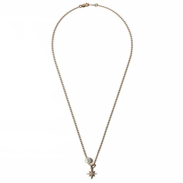 PEARL AND DIAMOND STAR 14 - carat gold ball chain necklace