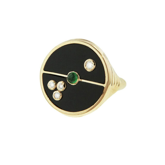 COMPASS RING with Black Onyx, Emerald and Diamond
