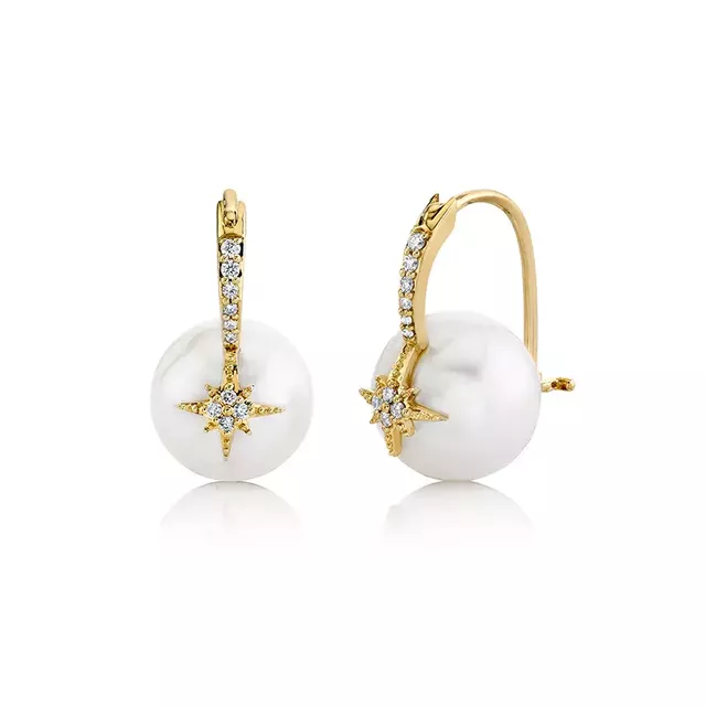 DIAMOND AND PEARL STARBURST 14-carat gold earrings
