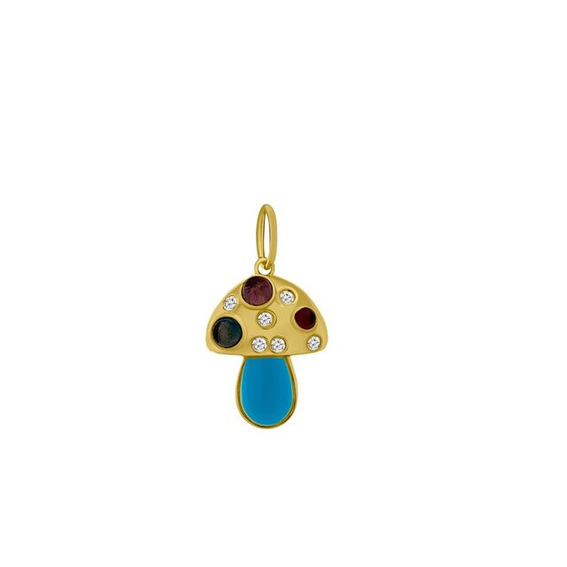 LARGE MUSHROOM diamond and turquoise 14-carat gold charm