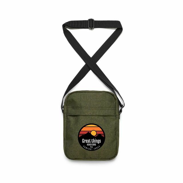 Great things never come from comfort zones shoulder bag