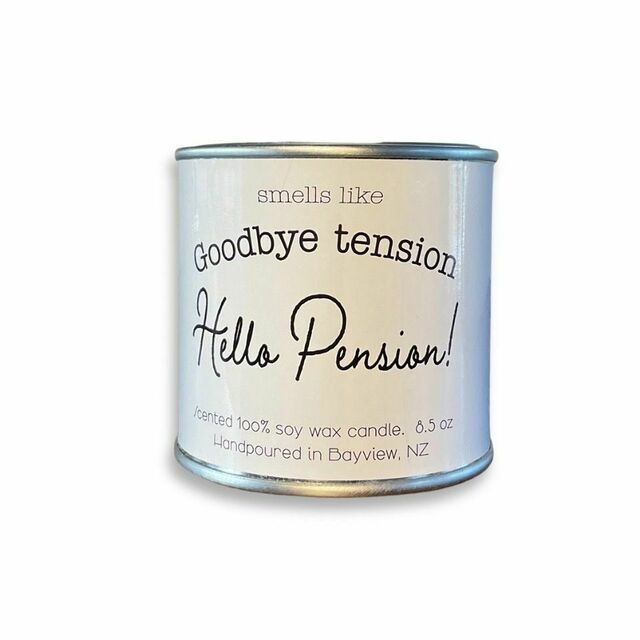 Smells like goodbye tension hello pension paint tin candle