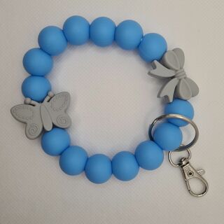 Silicone Bead Wristlet Blue and Grey Butterfly and Bow