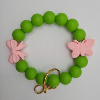 Silicone Bead Wristlet - Green and Pink Butterfly and Bow