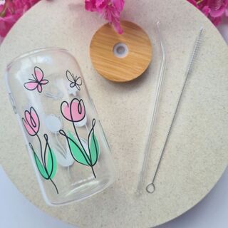 Pink Butterflies and Tulips Glass Cup