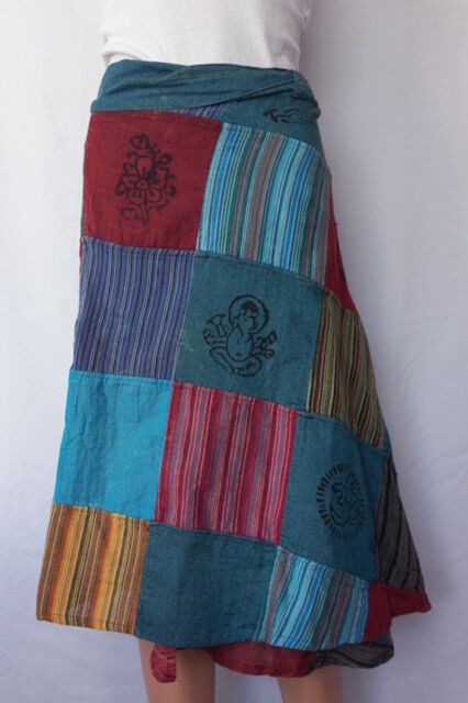 Hippie Boho Cotton Wrap Patch Long Skirt