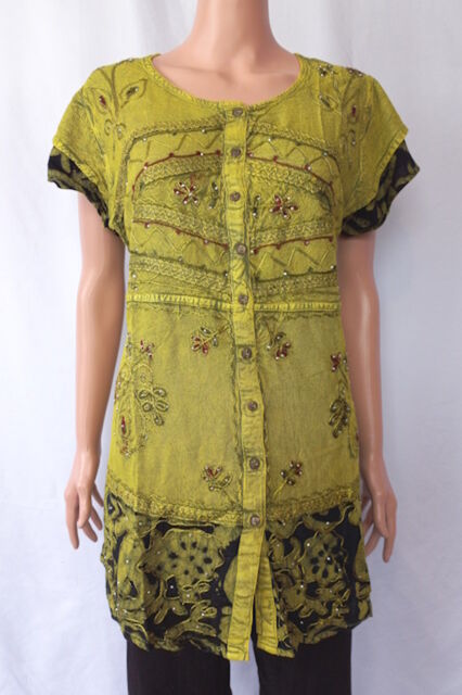 Embroidered Cap Sleeve Button Through Top