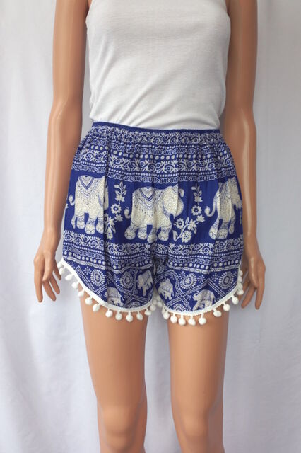 Boho Elephant Print Shorts with Tassels