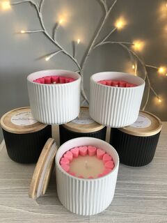 Linear Glazed Stoneware Canister with Hearts scented candle in White/Taupe or Black with Lid | Highland Creations