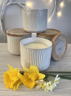 Ribbed Glazed White Stoneware scented soy wax Candle with Lid