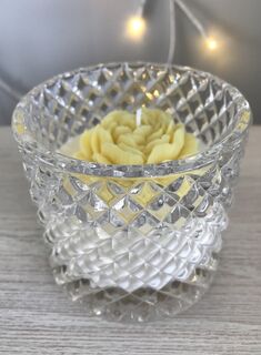 Repurposed Diamond Cut Glass Peony Rose Candle