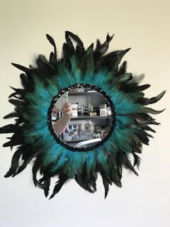 Teal/Black Feather Wall Decor with Mirror