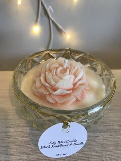 Pre-loved Vintage Cut Glass Compote Candle with Peach Peony Rose