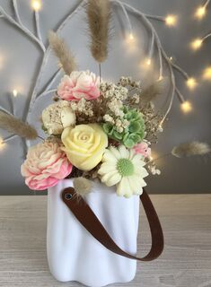White Handbag with White, Lemon, Green & Pale Pink Flowers