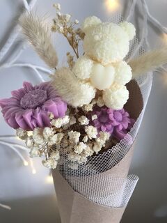 Soy Wax Melt Wrapped Bouquet with Scented Purple Flowers & White Teddy