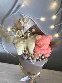 Soy Wax Melt Wrapped Bouquet with a Scented White Butterfly & Pink Teddy