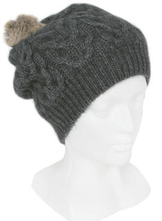 Possum Merino Cable Hat Charcoal with Pompom