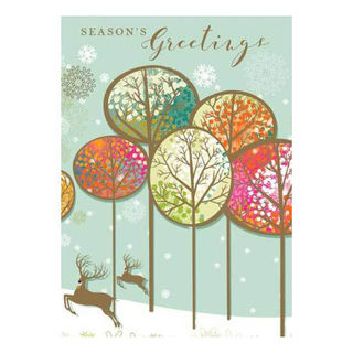 Christmas Card: Seasons Greetings Colourful Trees and Reindeer