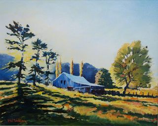 'Sundown Behind the Woolshed' by Phil Dickson (SOLD)