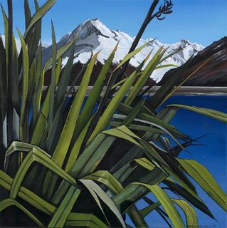 Arna Marshall 'I predominantly paint flaxes (harakeke) with a beautiful NZ scene in the background'