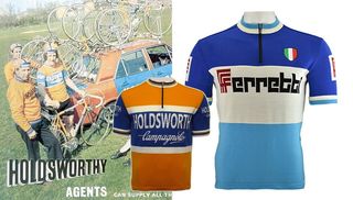 Wool cycling jerseys celebrating Molteni, Bianchi, Ferretti, Holdsworth, BSA, Olmo