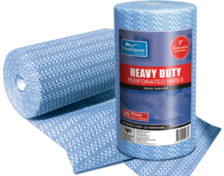 PrimeSource' Heavy Duty Roll Wipes - 85 wipes, Perforated, Blue - Castaway