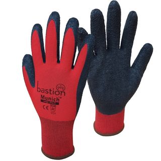 Munich Red Nylon Gloves, Black Crinkled Latex Palm Coating Small - Bastion