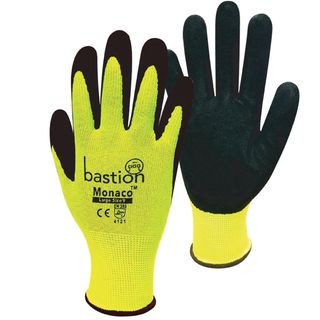 Monaco High Viz Yellow Polyester Gloves, Black Sandy Foam Nitrile Palm Coating, Small Pack 12 Pairs - Bastion