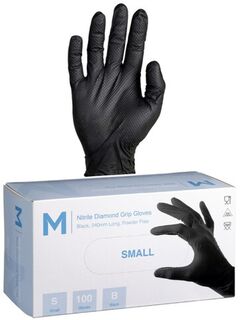 Nitrile Diamond Grip Gloves Powder Free - Black, S, 240mm Cuff, 9.0g  - Matthews