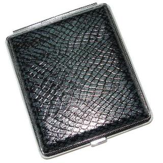 Cigarette Case Metal - Medium Large Size - Black Fine Snakeskin Leatherette Finish