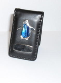 Money Clip Magnetic Stitched Leather with Paua Penguin