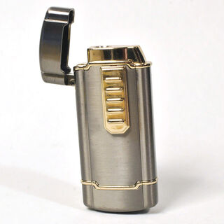Gas Lighter Single Jet - Satin Gunmetal with High Polish Brass Detailing