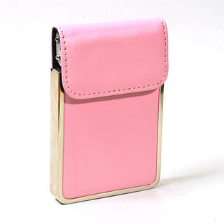 Card Holder Chrome Metal Pink Leatherette with Card Lifting Flap